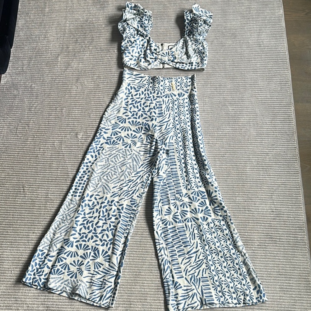 Alexis Blue and White Floral Jumpsuit with Ruffled Sleeves
